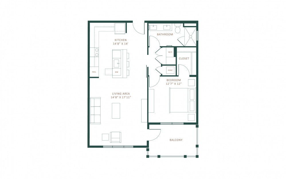 A1 - 1 bedroom floorplan layout with 1 bath and 864 square feet.