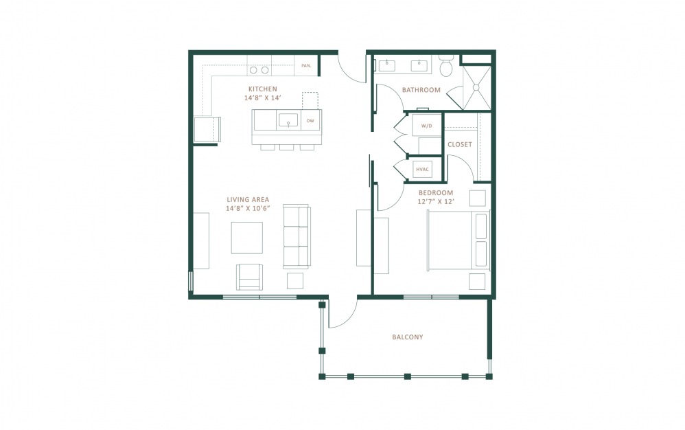 A2 - 1 bedroom floorplan layout with 1 bath and 893 square feet.