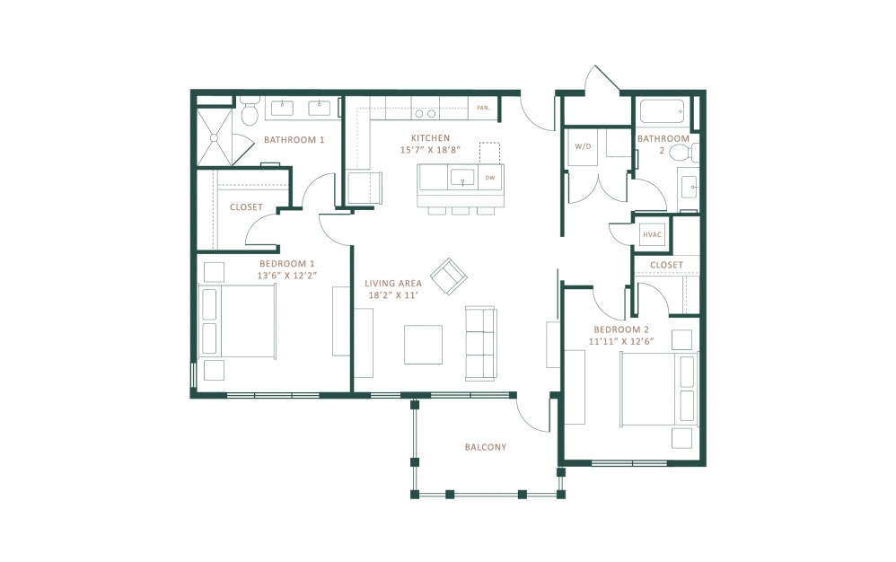 B1.2 - 2 bedroom floorplan layout with 2 baths and 1279 square feet.