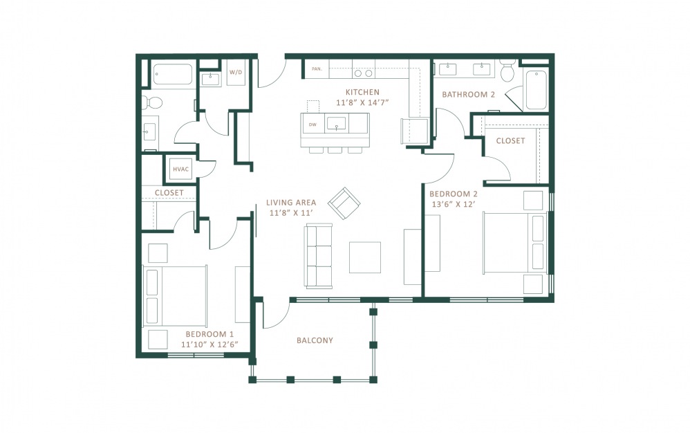 B1 - 2 bedroom floorplan layout with 2 baths and 1294 square feet.