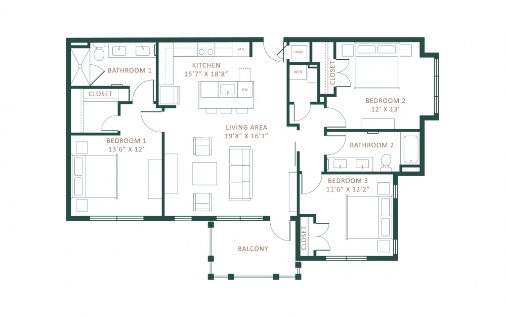 C1 - 3 bedroom floorplan layout with 2 baths and 1494 to 1510 square feet.